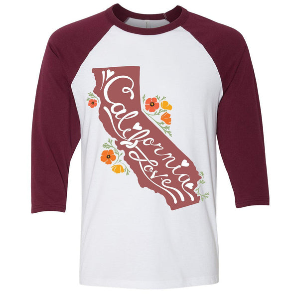 CA State With Poppies Baseball Tee-CA LIMITED