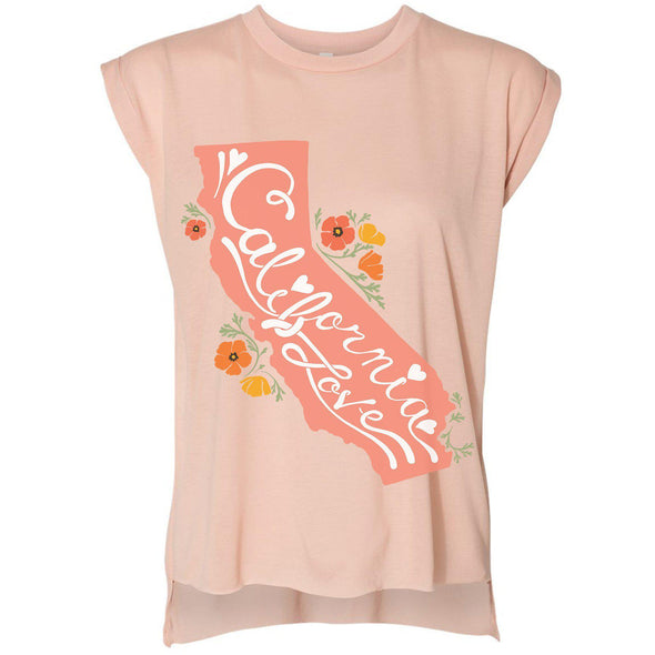 CA State With Poppies Rolled Sleeve Tank-CA LIMITED